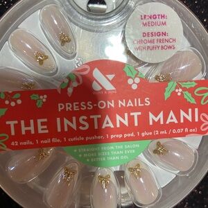 White chrome French with gold puffy bows